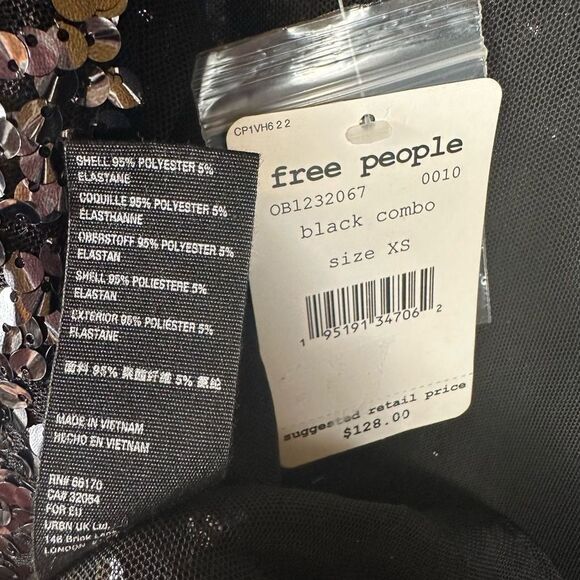 Free People Open Back Black Sequin Mockneck Lined Shirt Top Bell Sleeve XS NWT - Picture 10 of 11